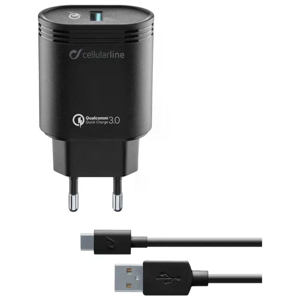 Cellularline ACHHUKITQCTYCK Caricabatterie da Rete 18W USB-C Quick Charge con Cavo 1m colore Nero