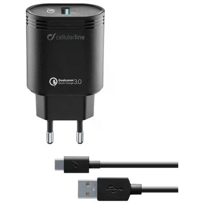 Cellularline ACHHUKITQCTYCK Caricabatterie da Rete 18W USB-C Quick Charge con Cavo 1m colore Nero