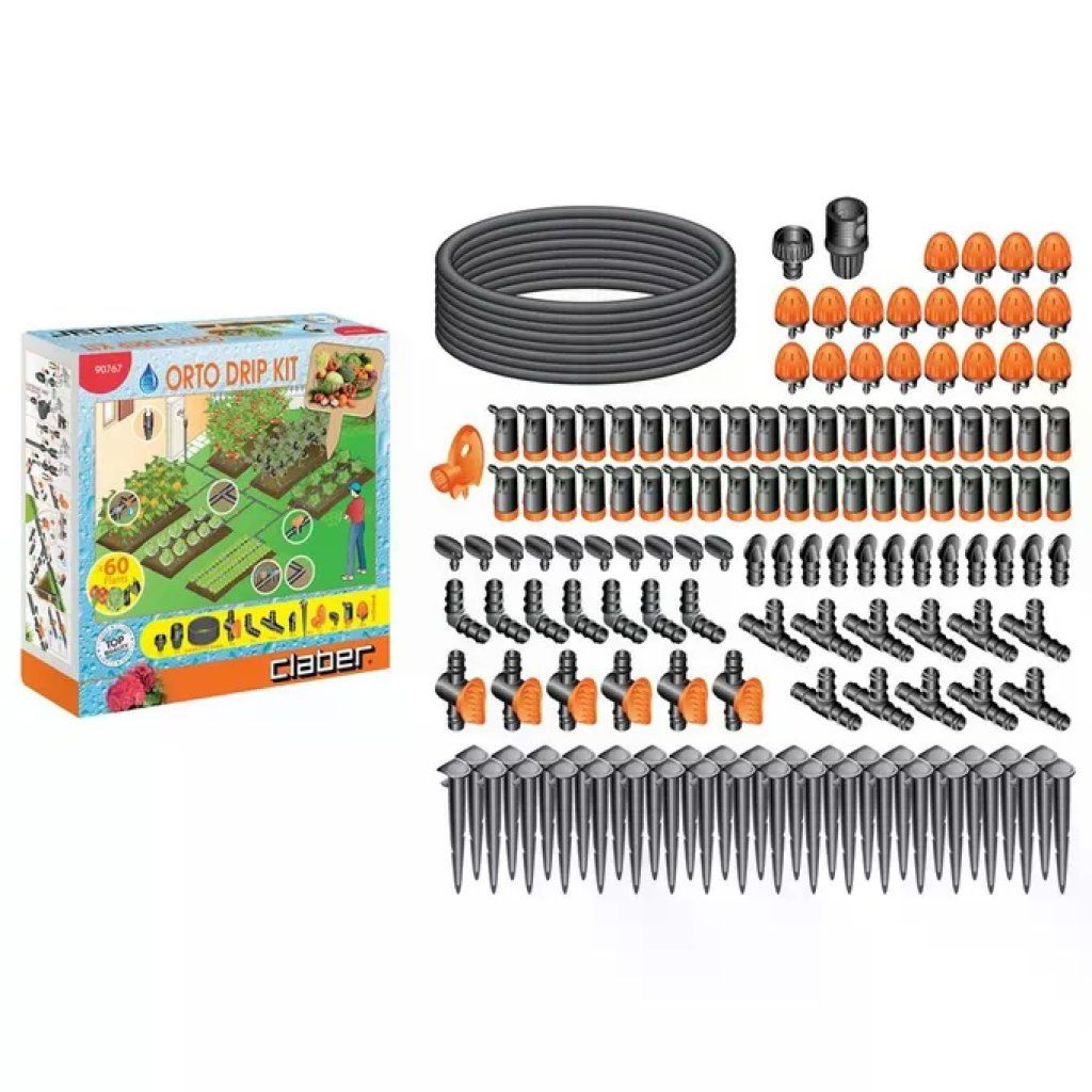 Claber 90767 Kit Irrigazione a Goccia Orto 25 m tubo collettore 60 piante 6 zone 40 gocciolatori