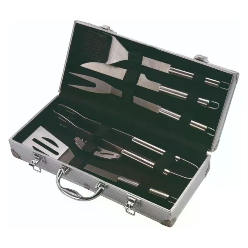 Sandrigarden 78935-15 Set Utensili per Barbecue 6 Pezzi Acciaio Inox Manici in Legno con Valigetta in Alluminio