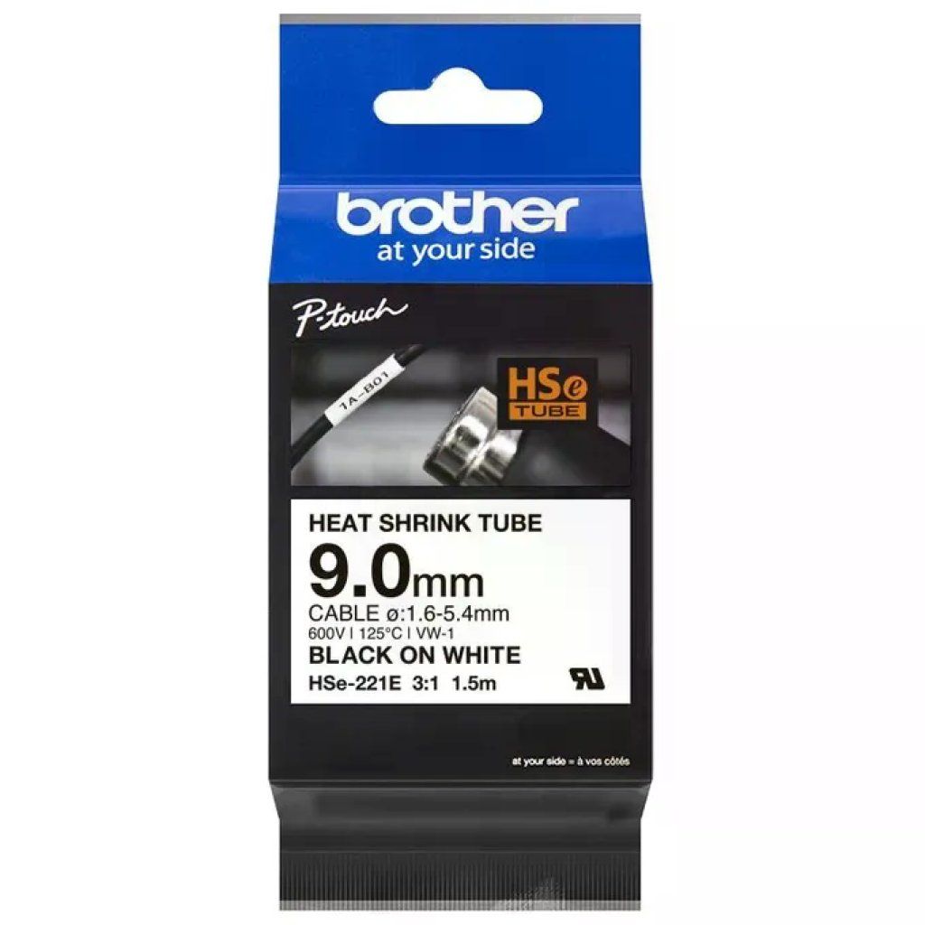 Brother HSE221E Guaina Termorestringente 9 mm Nero su Bianco