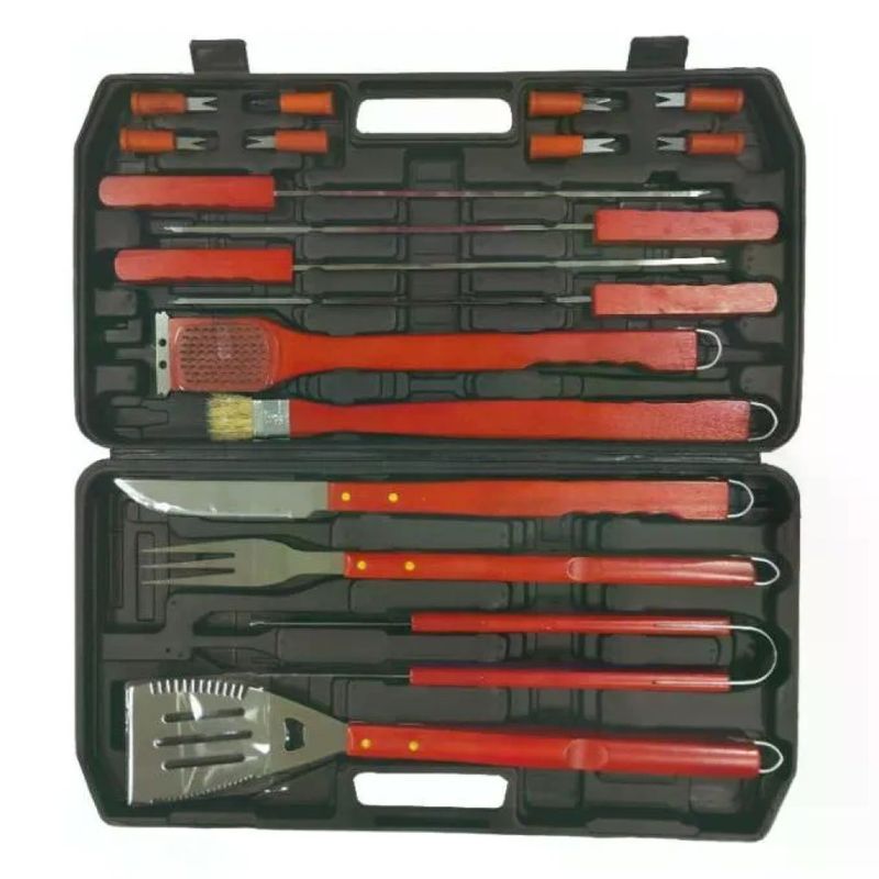 Sandrigarden 7893420 Set per Barbecue 18 Pezzi Acciaio Inox Manico Legno con Valigetta
