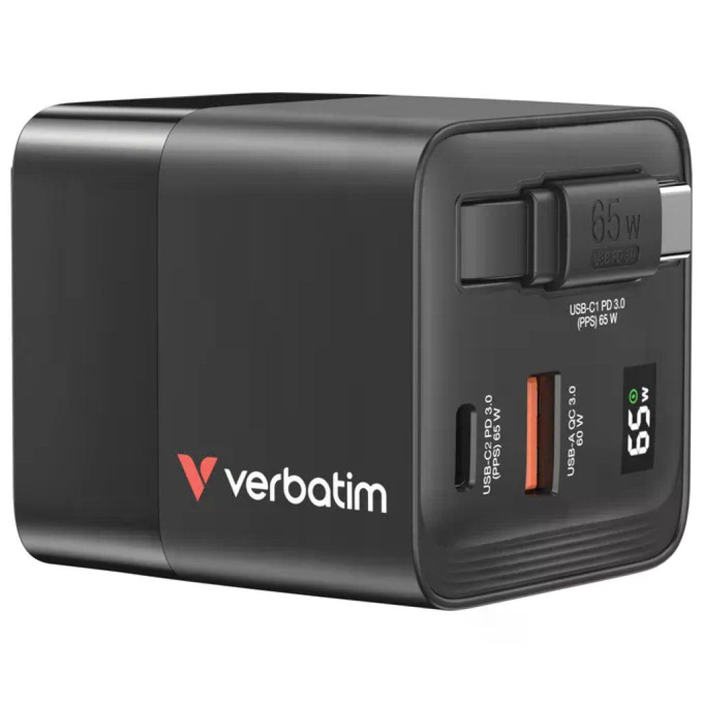 Verbatim 32217 GaN Caricatore da Parete 65W 2 Porte USB-C PD 3.0 USB-A QC 3.0 Cavo Retrattile Integrato 0