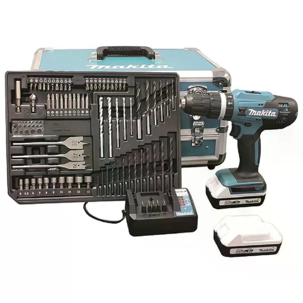 Makita 0088381756310 Trapano Avvitatore a Percussione 18V 2 Batterie 2Ah Valigetta Alluminio con 70
