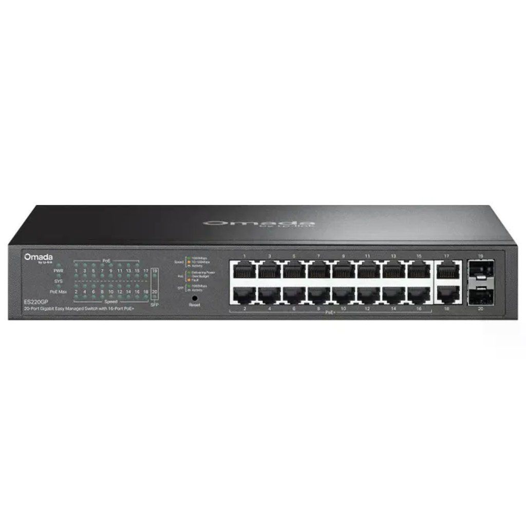 TP-Link Omada ES220GP switch gigabit easy managed 20 porte, 16 porte PoE+, 150 W, 2 slot SFP, rack mount