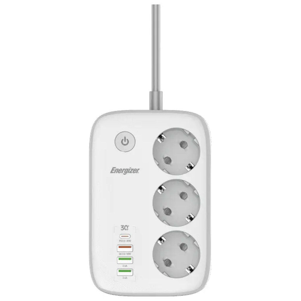 Energizer EPB2500W02EU Multipresa 3 Schuko 3 USB-A 1 USB-C 2 m Bianca con WiFi