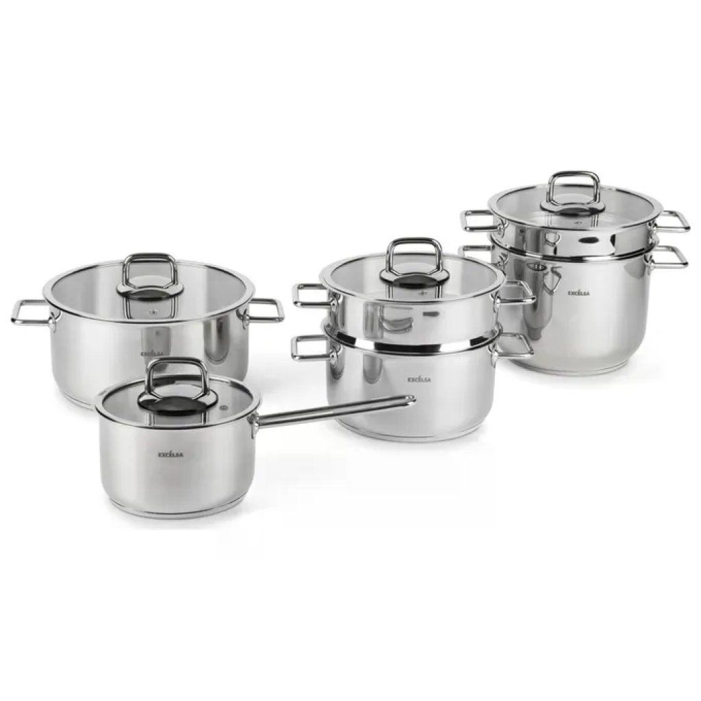Excelsa Set Pentole Le Grand Chef 10 Pezzi Acciaio Inox 18-10 Casseruole Vaporiera Excelsa Set Pentole Le Grand Chef 10 Pezzi Acciaio Inox 18-10 Casseruole Vaporiera