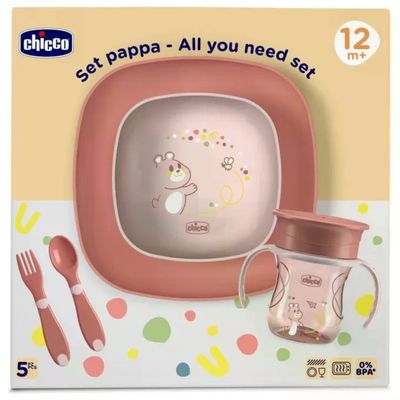 Chicco 8058664179350 Set Pappa Bimbo 12m+ Rosa con Tazza e Posate