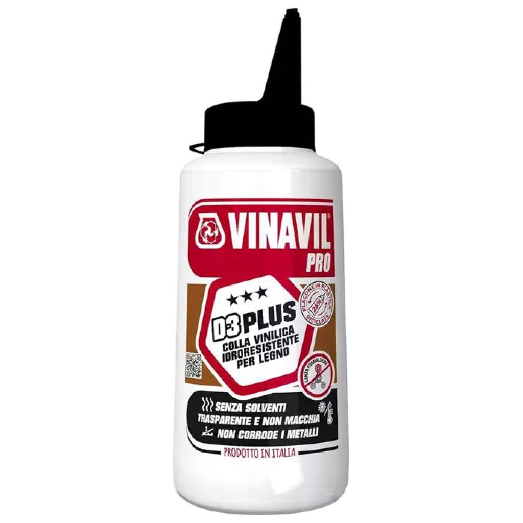 Vinavil colla vinilica Pro D3 Plus per legno, idroresistente classe D3, trasparente, senza formaldeide Vinavil colla vinilica Pro D3 Plus per legno, idroresistente classe D3, trasparente, senza formaldeide