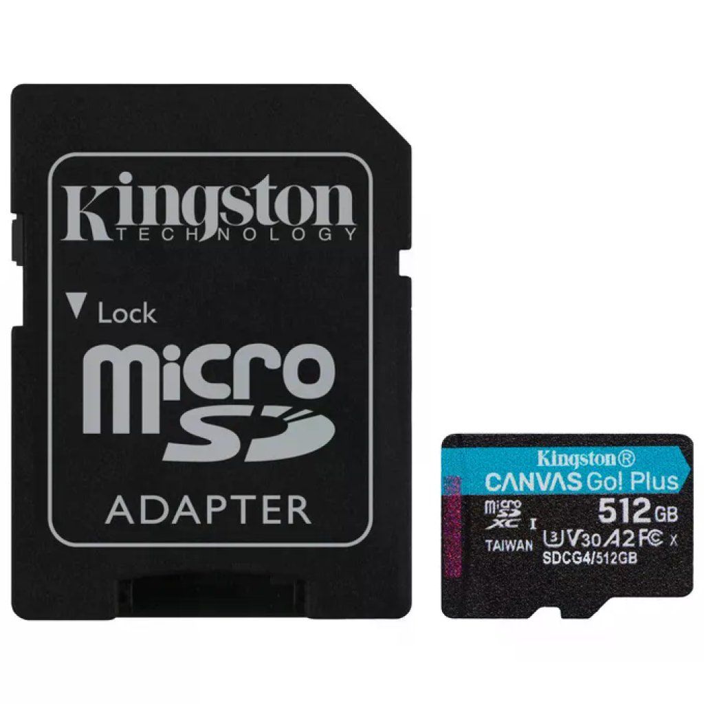 Kingston SDCG4-512GB Canvas Go Plus Scheda microSDXC 512GB 200MB-s A2 U3 V30 con Adattatore SD colore Nero Kingston SDCG4-512GB Canvas Go Plus Scheda microSDXC 512GB 200MB-s A2 U3 V30 con Adattatore SD colore Nero