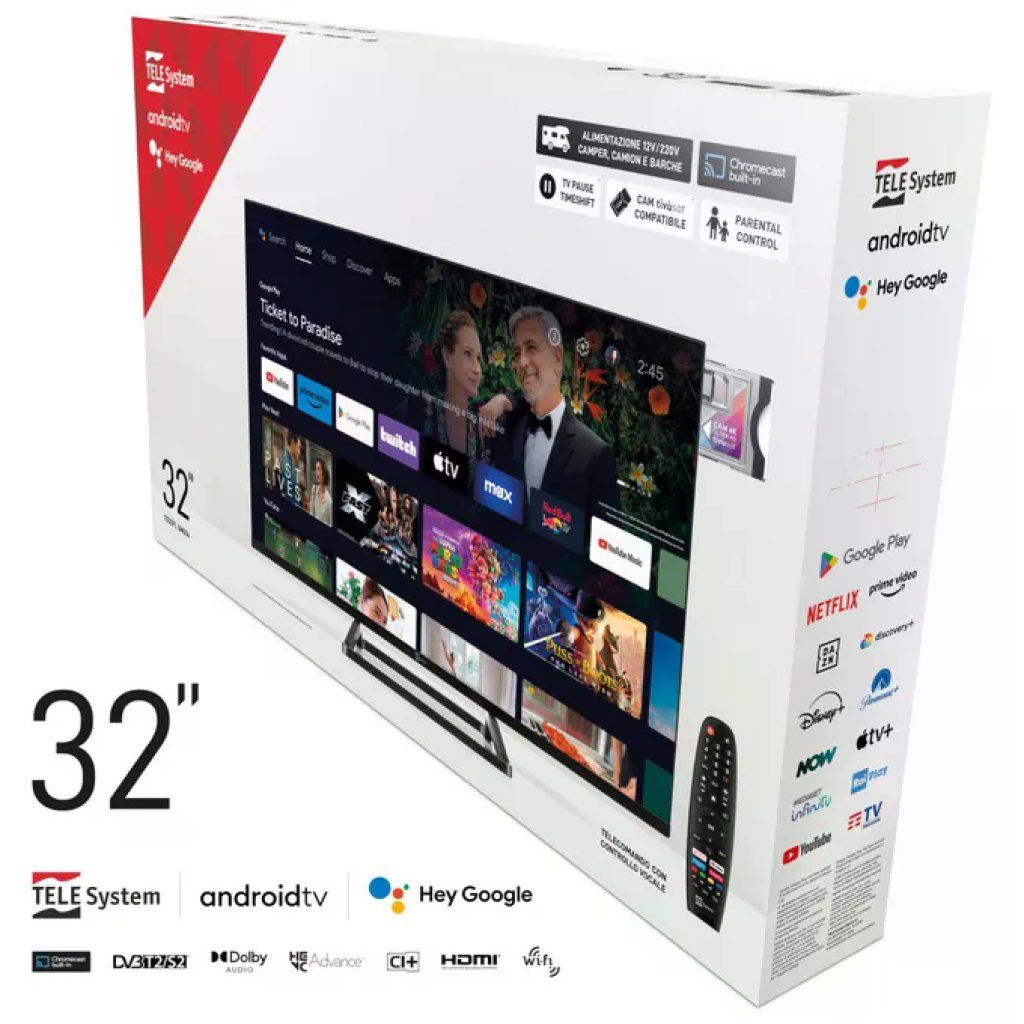 TELESYSTEM Tele System smart tv 32 pollici TS32FL SMG14, Android TV, DVB-T2-S2, tivu'sat HD, Google Assistant