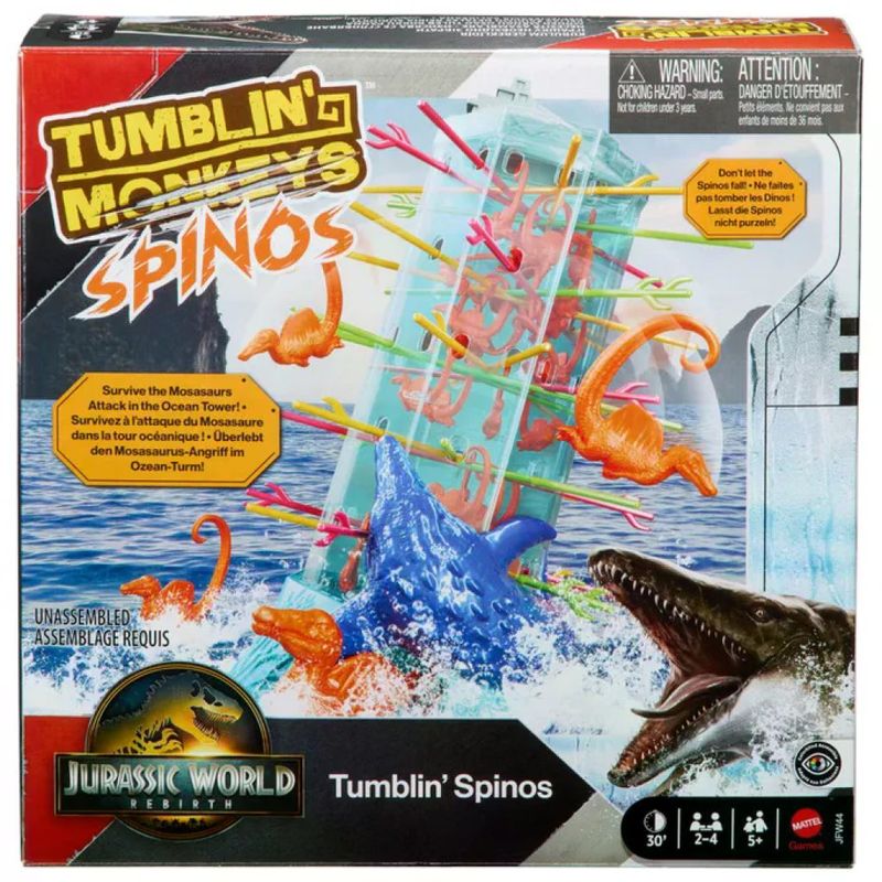 Mattel Games salve le scimmie Jurassic World la rinascita, gioco di abilita', torre oceanica, spinosauri