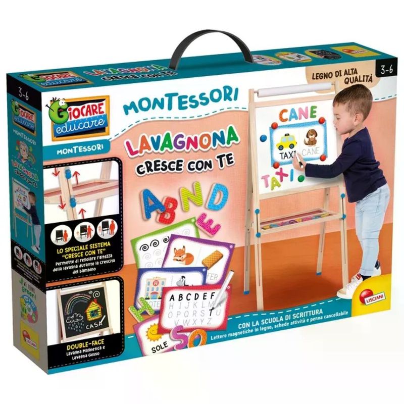 Lisciani 102600 Montessori Lavagnona Legno Cresce con Te Lavagna da Terra Magnetica con Accessori Didattici