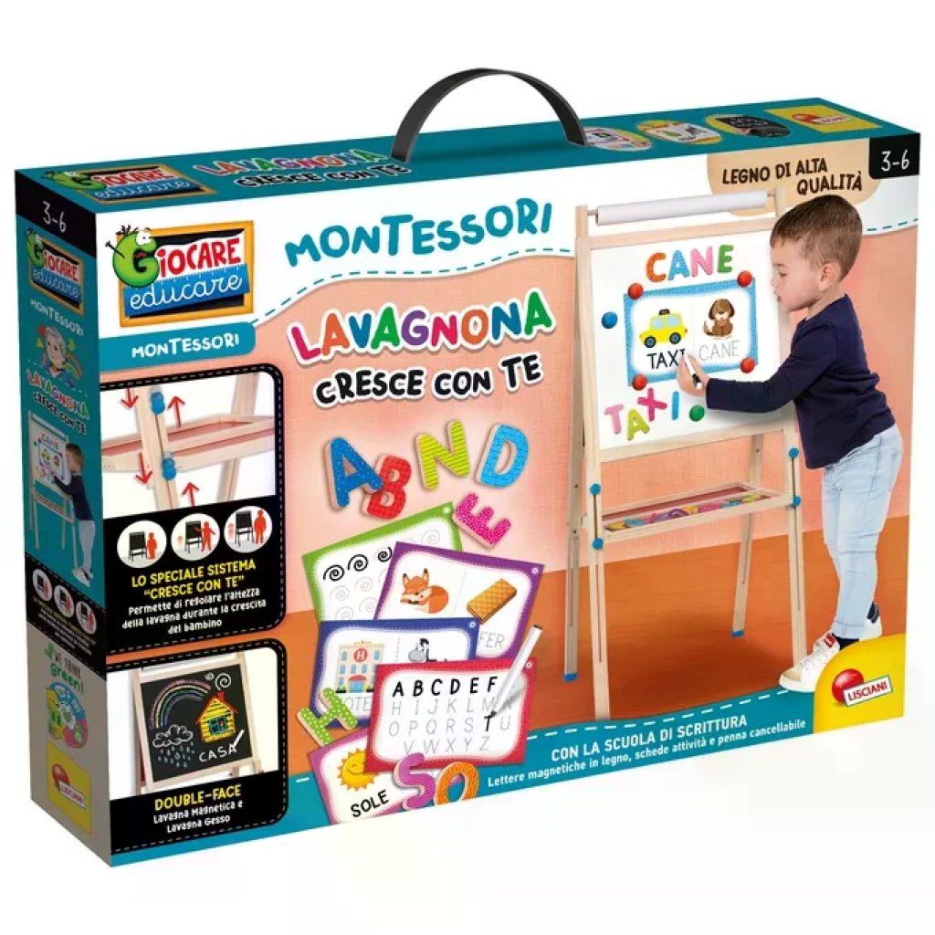 Lisciani Montessori Lavagnona Cresce con Te, lavagna magnetica in legno