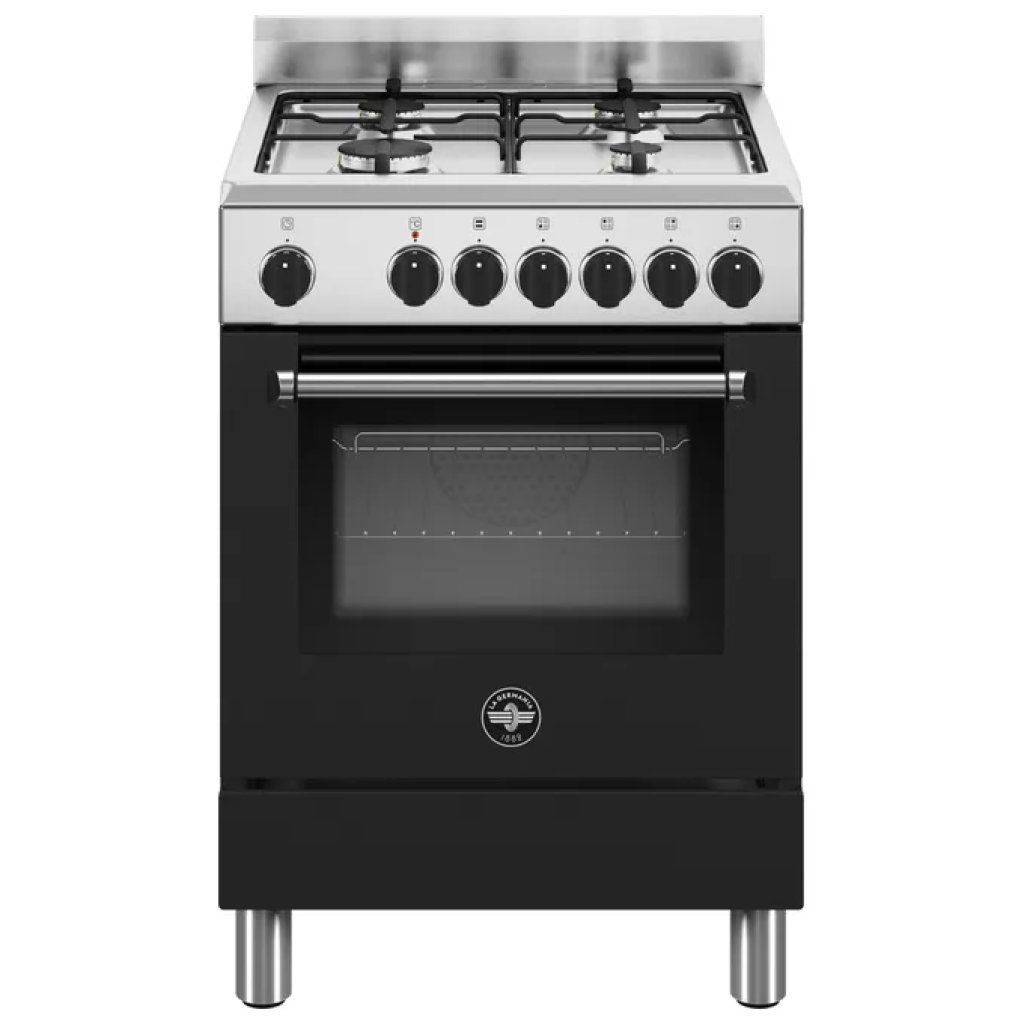 La Germania AMN664ENEV24 Cucina a Gas 60 cm, 4 Fuochi, Forno Elettrico Multifunzione 56 L, Classe A, Nera
