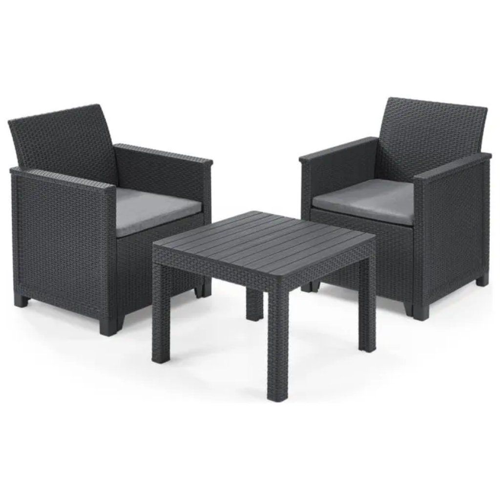 Keter Emma Set da Balcone Grafite con 2 Poltrone, Tavolino e Cuscini