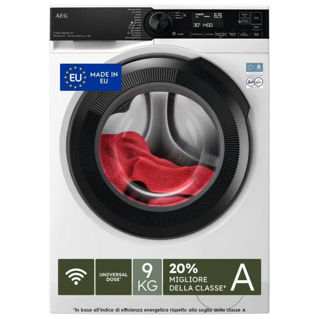 AEG Serie 7000 LR7FH94VY Lavatrice 9 kg, 1400 giri, Classe A, ProSteam e Wi-Fi AEG Serie 7000 LR7FH94VY Lavatrice 9 kg, 1400 giri, Classe A, ProSteam e Wi-Fi