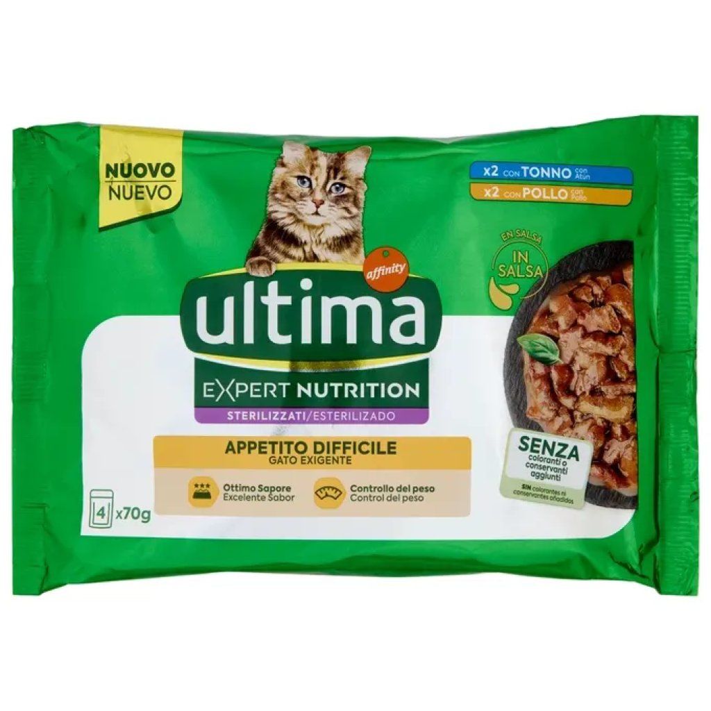 HIT Ultima Expert Nutrition Sterilizzati – Cibo umido per gatti, tonno e pollo, 4 x 70 g