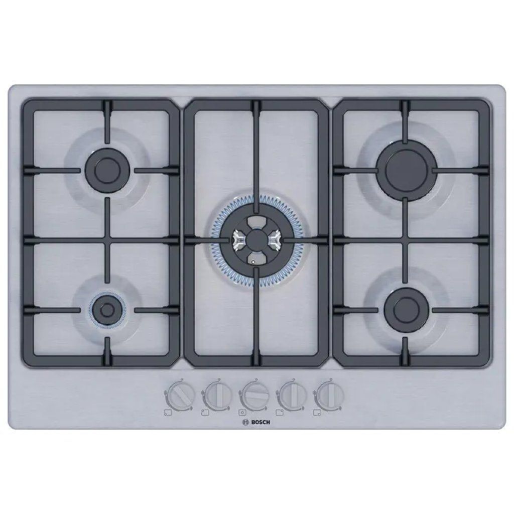 Bosch Serie 4 PGQ7B5K90 Piano cottura a gas 75 cm, 5 fuochi, bruciatore Wok e griglie in ghisa