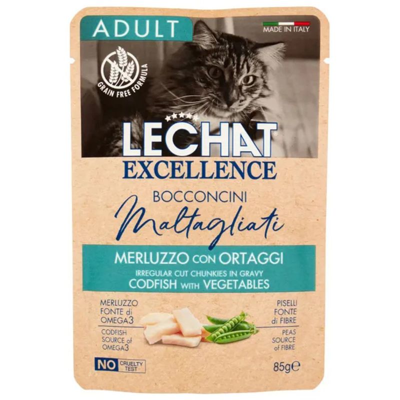LeChat Excellence Bocconcini al Merluzzo con Ortaggi per Gatti Adulti, 85 g