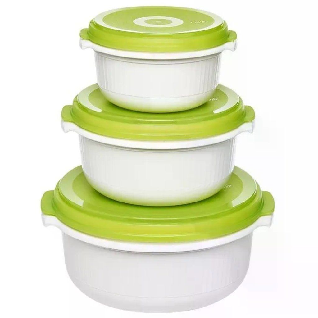 EMSA Micro Family Set di 3 Contenitori Rotondi per Alimenti, Verde e Bianco EMSA Micro Family Set di 3 Contenitori Rotondi per Alimenti, Verde e Bianco
