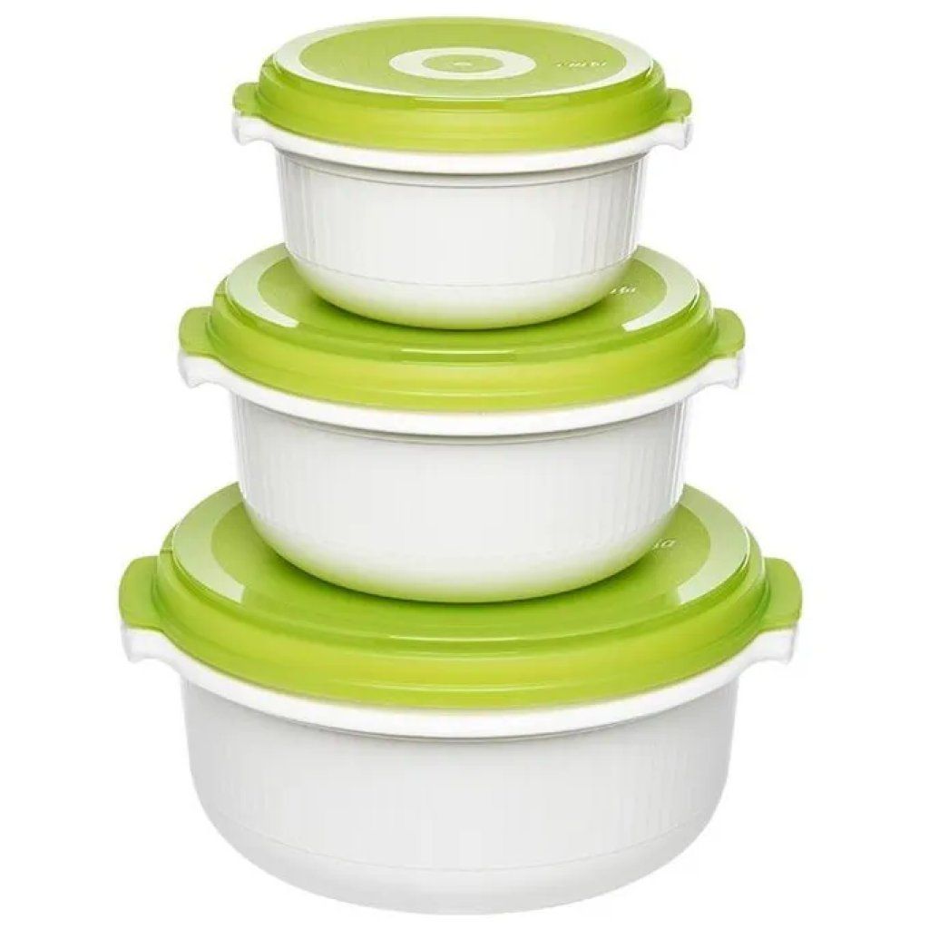 EMSA Micro Family – Set di 3 contenitori rotondi per alimenti, 500/1000/1500 ml, verde e bianco