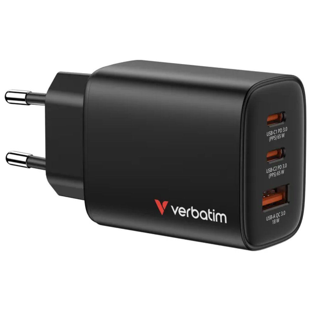 Verbatim Caricabatterie GaN 65W con 2 USB-C e 1 USB-A