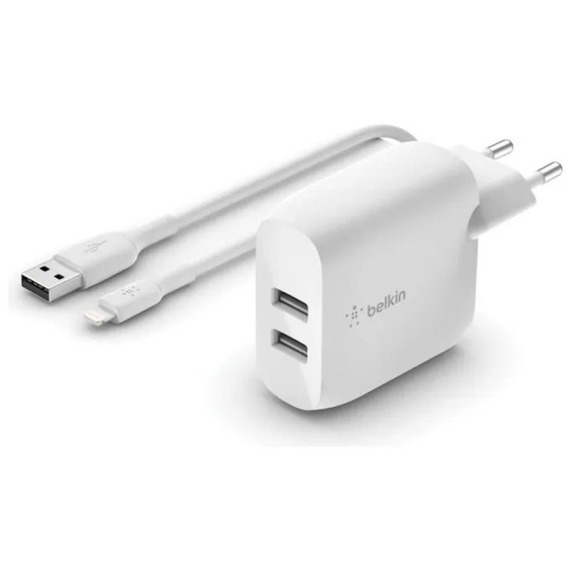 Belkin Boost Charge caricabatteria da parete 24 W con 2 porte USB-A e cavo Lightning da 1 m, bianco
