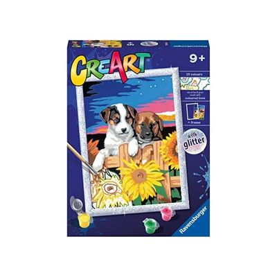 Ravensburger CreArt – Cagnolini con Girasoli, kit di pittura con i numeri
