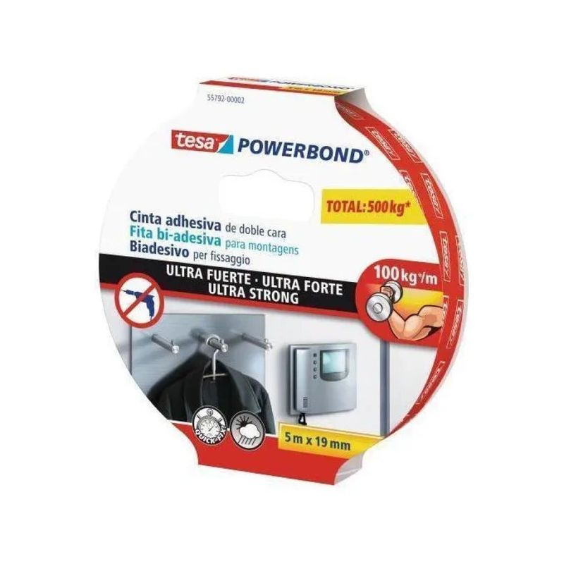 Tesa Powerbond Ultrastrong nastro biadesivo, 5 m x 19 mm, bianco