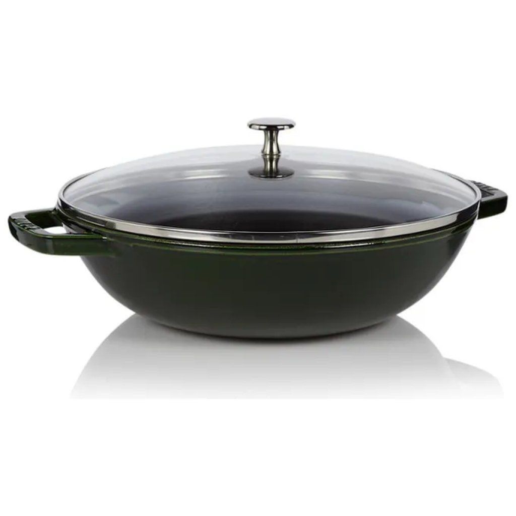 STAUB Wok in Ghisa Smaltata Nero, 30 cm, 4,4 L con Coperchio in Vetro
