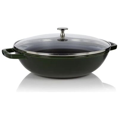 STAUB Wok in Ghisa Smaltata Nero, 30 cm, 4,4 L con Coperchio in Vetro