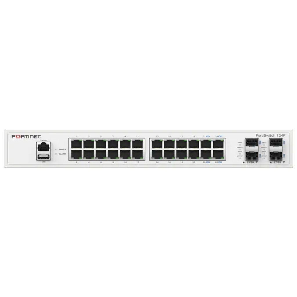 Fortinet FS-124F Switch Ethernet Gestito L2 24 Porte Gigabit 4 SFP+ Rack Mount 1U colore Bianco