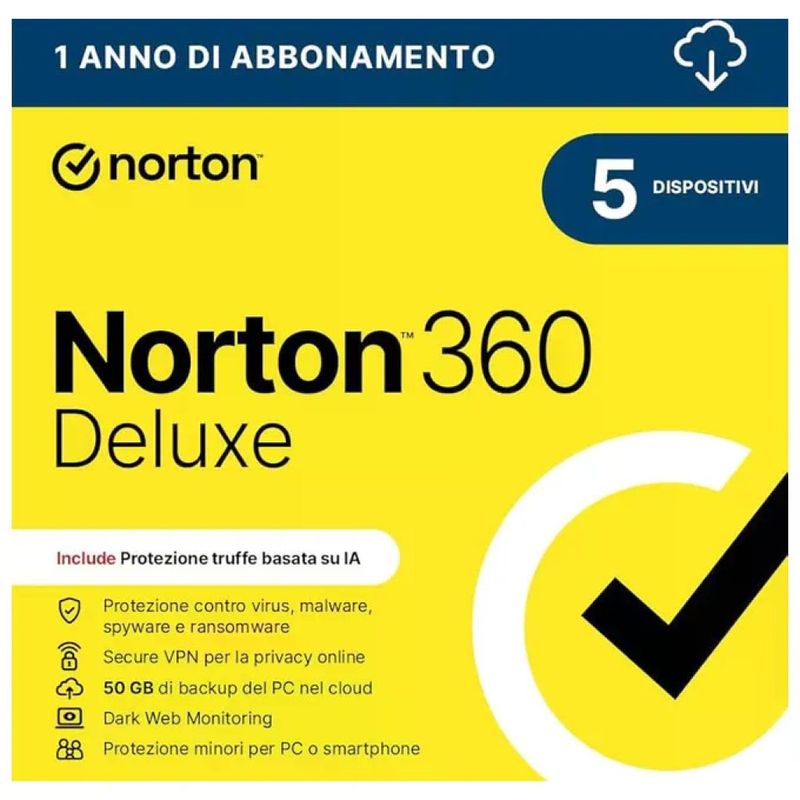 Norton 360 Deluxe 2026 Antivirus, 5 dispositivi, 12 mesi, 50 GB, versione italiana