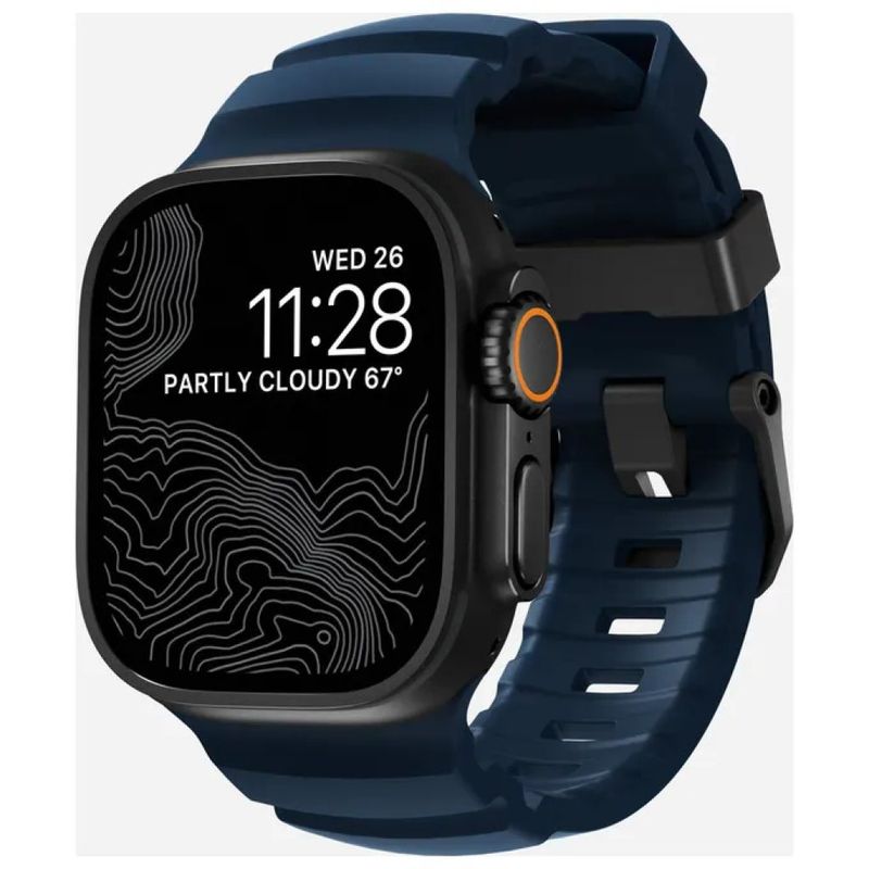 Nomad Rocky Point Band: cinturino nero in pelle e titanio per Apple Watch Ultra, fibbia blu