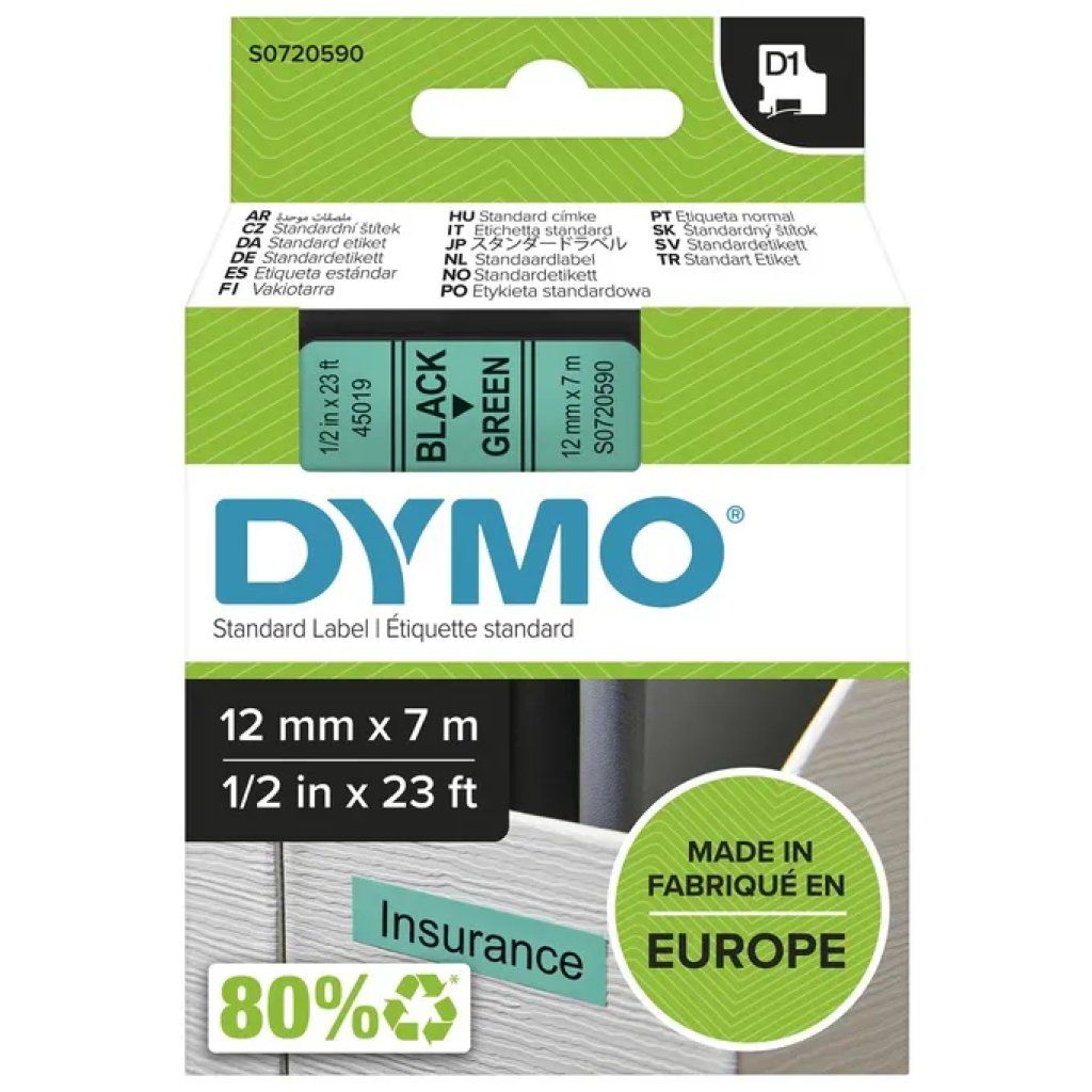 DYMO D1 Nastro per Etichettatrice Nero su Verde, 12 mm x 7 m