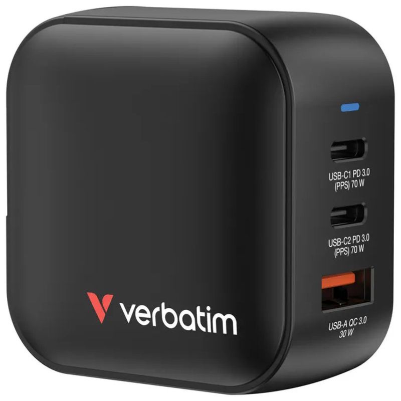 Verbatim Caricatore GaN 70W con 3 Porte USB, Nero