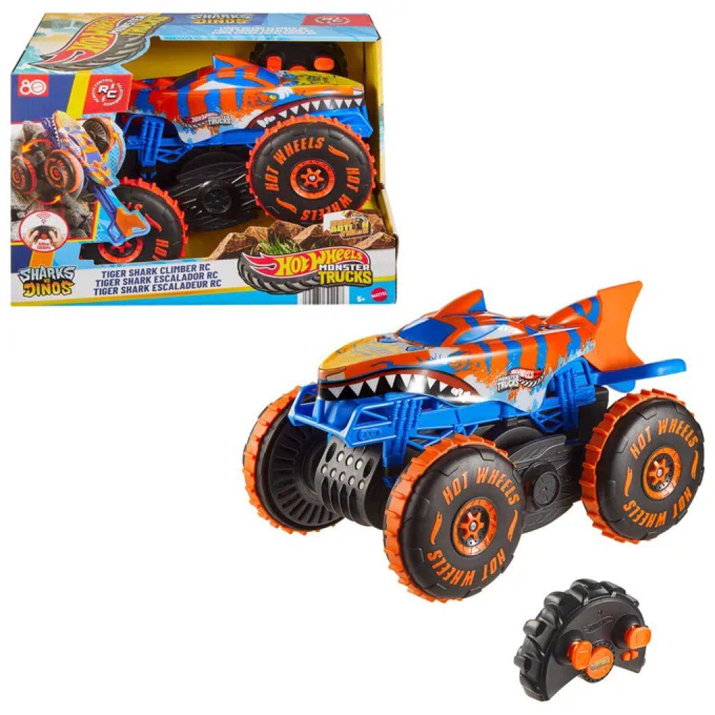 Hot Wheels JFR39 Monster Trucks Tiger Shark Super Scalatore RC Veicolo Radiocomandato con Modalita' Climber