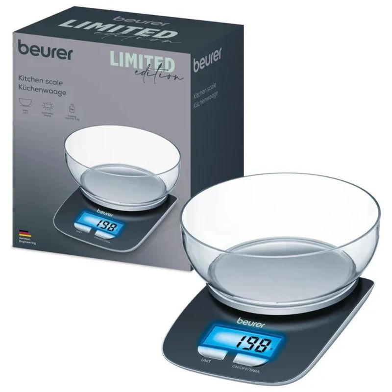 Beurer KS 25 Bilancia da Cucina Elettronica, 3 kg, Precisione 1 g, con Ciotola da 1,2 L, Blu