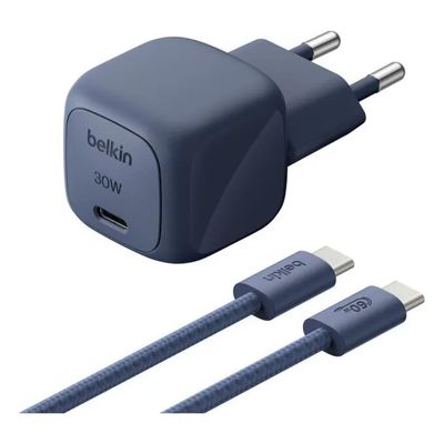 Belkin BoostCharge caricatore GaN USB-C 30 W con cavo intrecciato da 2 m, indaco