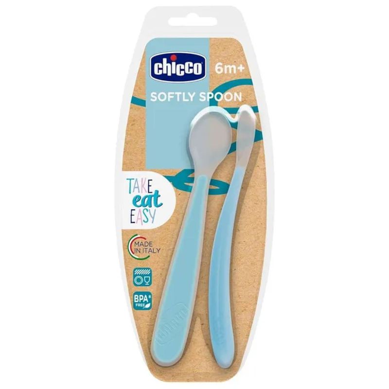 Chicco Set 2 Cucchiai in Silicone Morbido per Svezzamento, 6m+, Blu