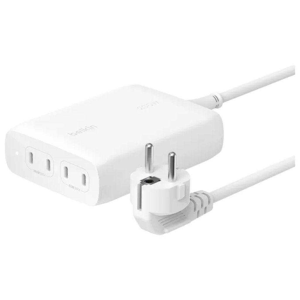 Belkin BoostCharge Pro WCH015VFWH – Caricabatterie GaN USB-C 200 W, 4 porte, bianco