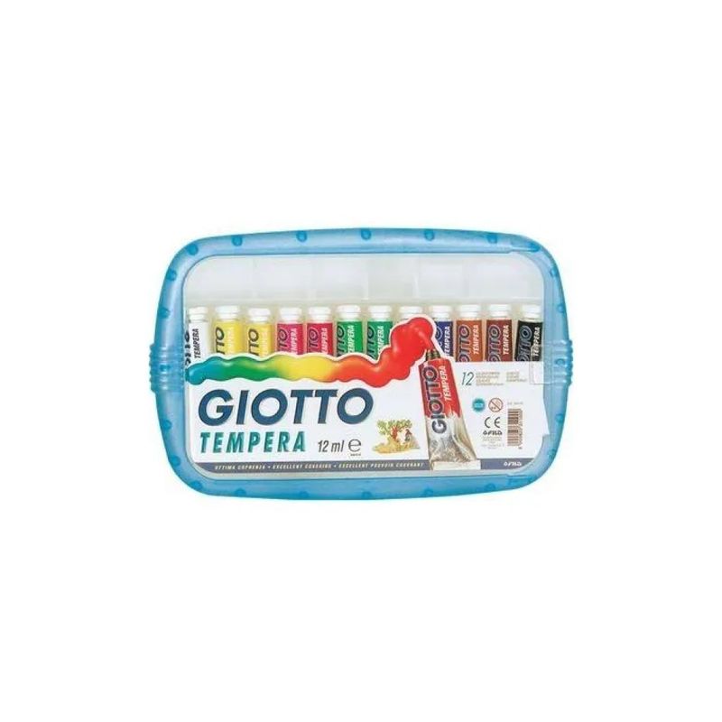 Giotto Tempera Extra Fine in Tubetti, 12 Colori Assortiti da 12 ml con Pennello