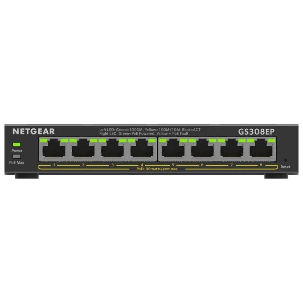 NETGEAR GS308EP Switch Gigabit PoE+ gestito, 8 porte, 62 W, nero NETGEAR GS308EP Switch Gigabit PoE+ gestito, 8 porte, 62 W, nero