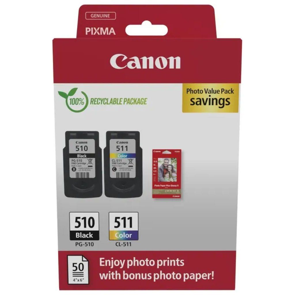 Canon 2970B017 Multipack Cartucce PG-510 e CL-511 con Carta Fotografica Canon 2970B017 Multipack Cartucce PG-510 e CL-511 con Carta Fotografica