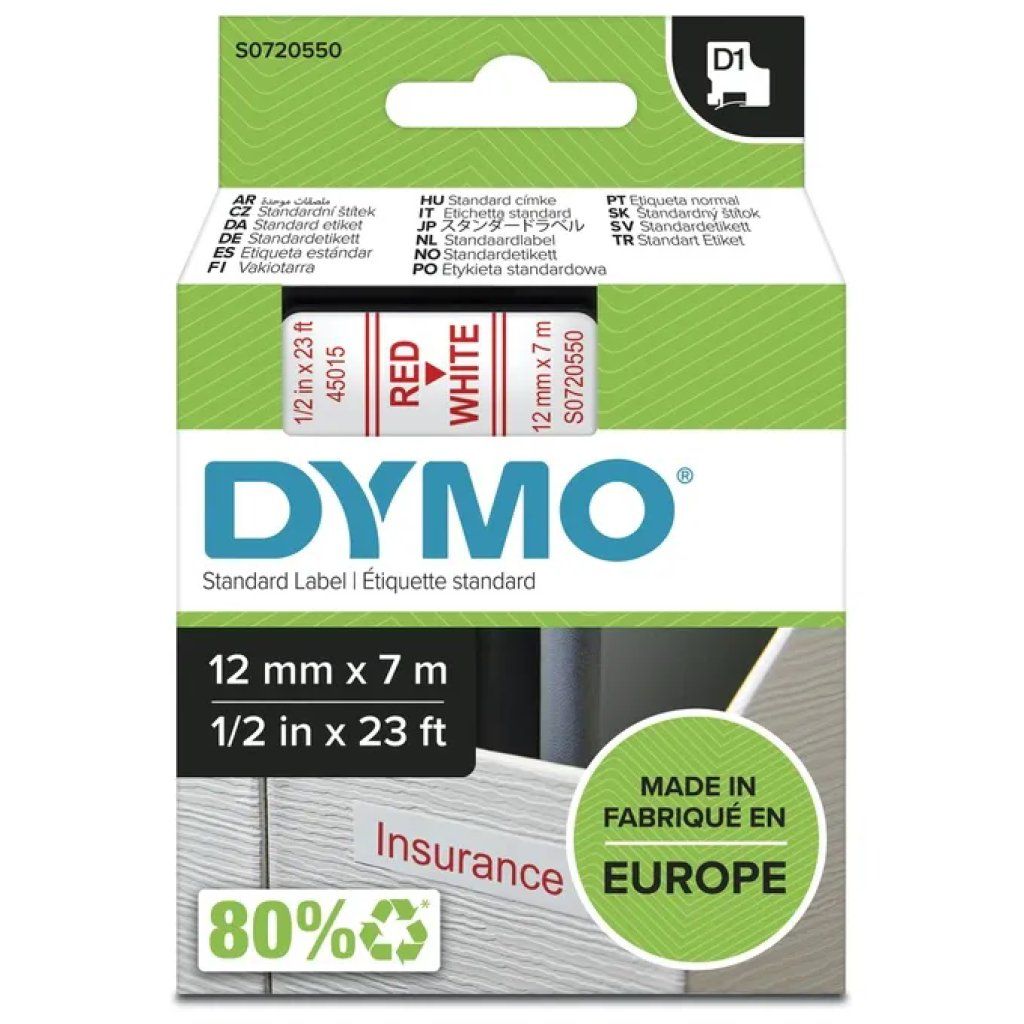 DYMO Nastro DYMO D1 rosso su bianco, 12 mm × 7 m