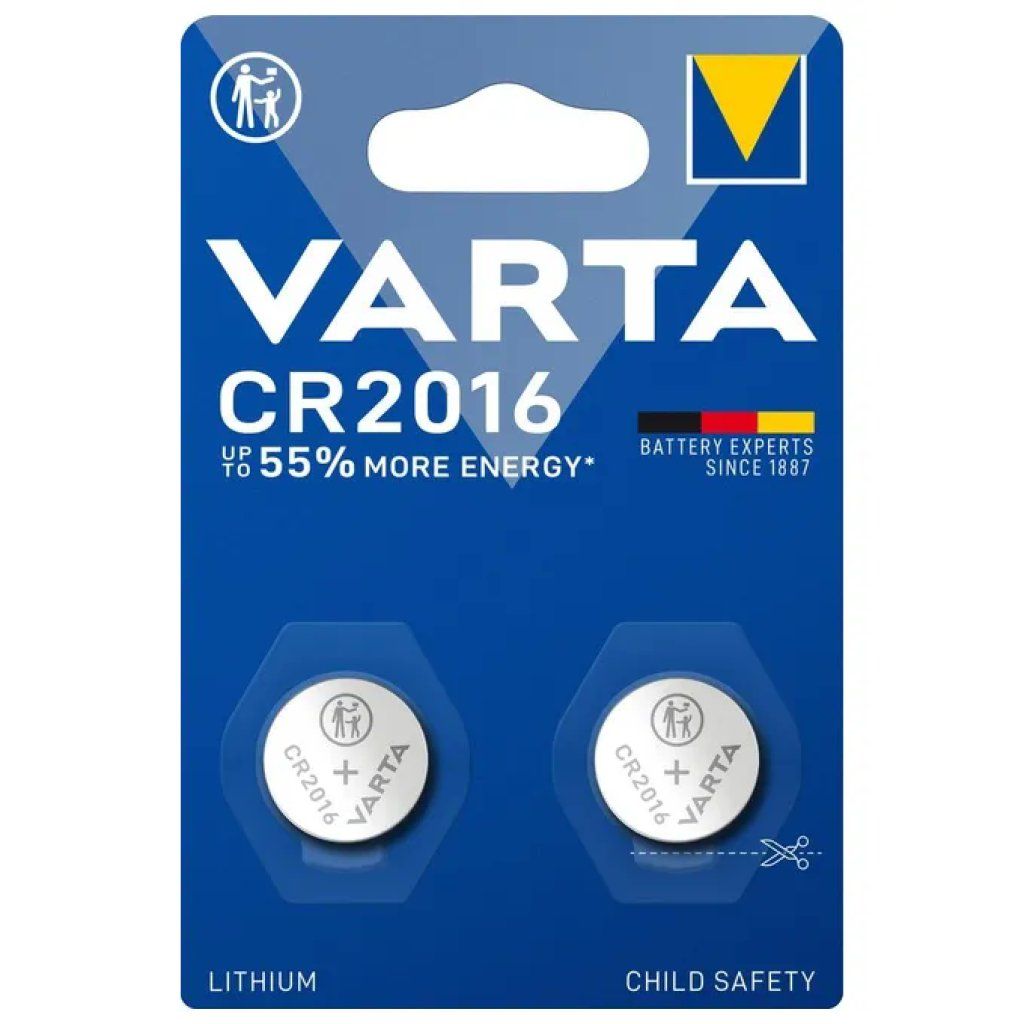 VARTA CR2016 Batterie a Bottone al Litio 3 V, Confezione da 2