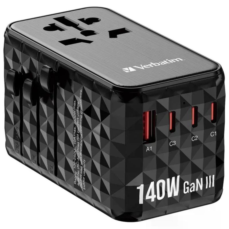 Verbatim 32125 Caricatore Universale da Viaggio GaN 140 W, 4 Porte USB, Nero