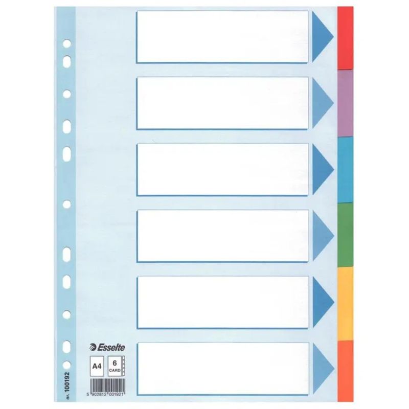Esselte 100192 – Intercalare A4 in cartoncino riciclato, 6 tasti colorati