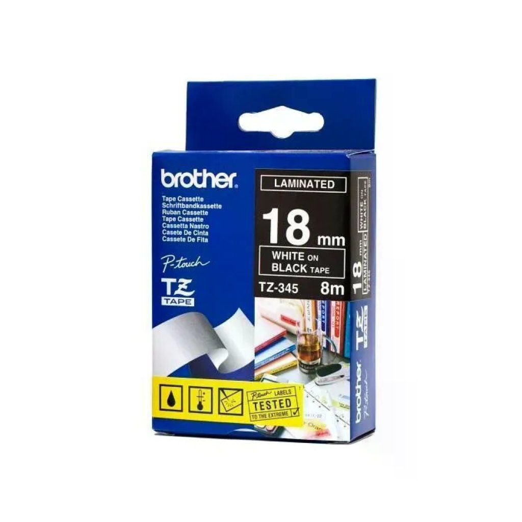 Brother TZ-345 Nastro Laminato 18 mm, Bianco su Nero, 8 m